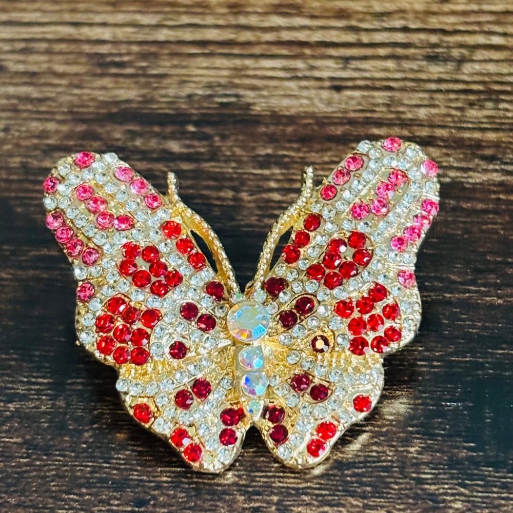 Butterfly Brooch Gold Tone Red Pink Crystal Rhinestone Pin NEW